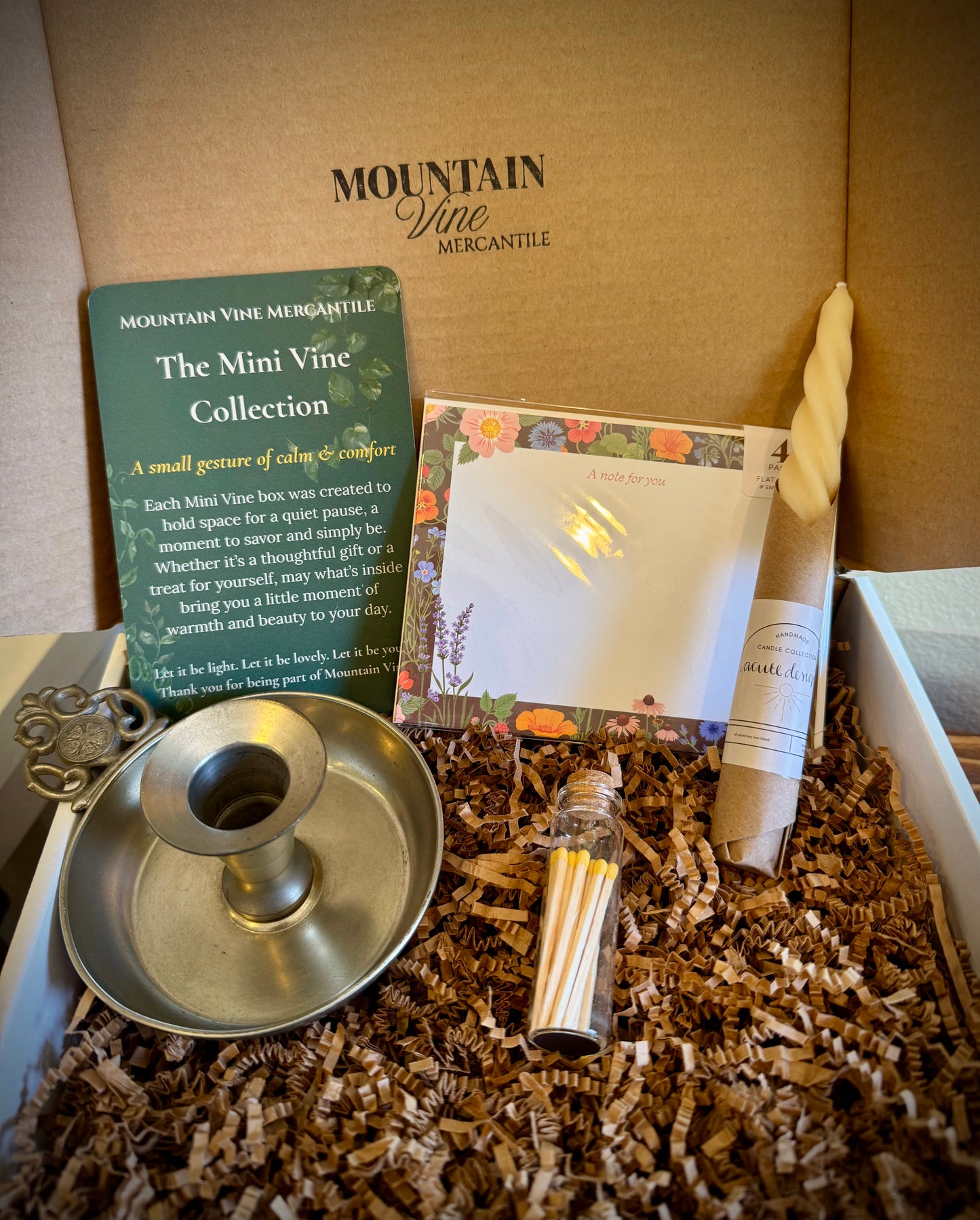Letters by Candlelight - Curated Gift Box with Vintage Candle Holder, Matches & Botanical Notecards
