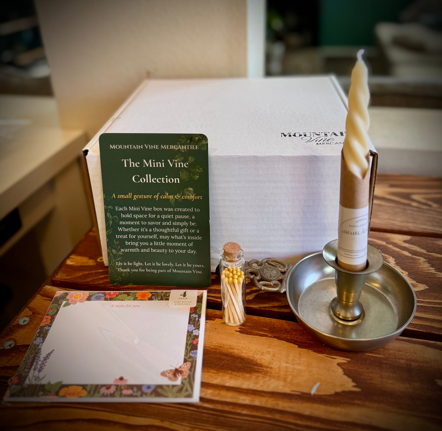 Letters by Candlelight - Curated Gift Box with Vintage Candle Holder, Matches & Botanical Notecards