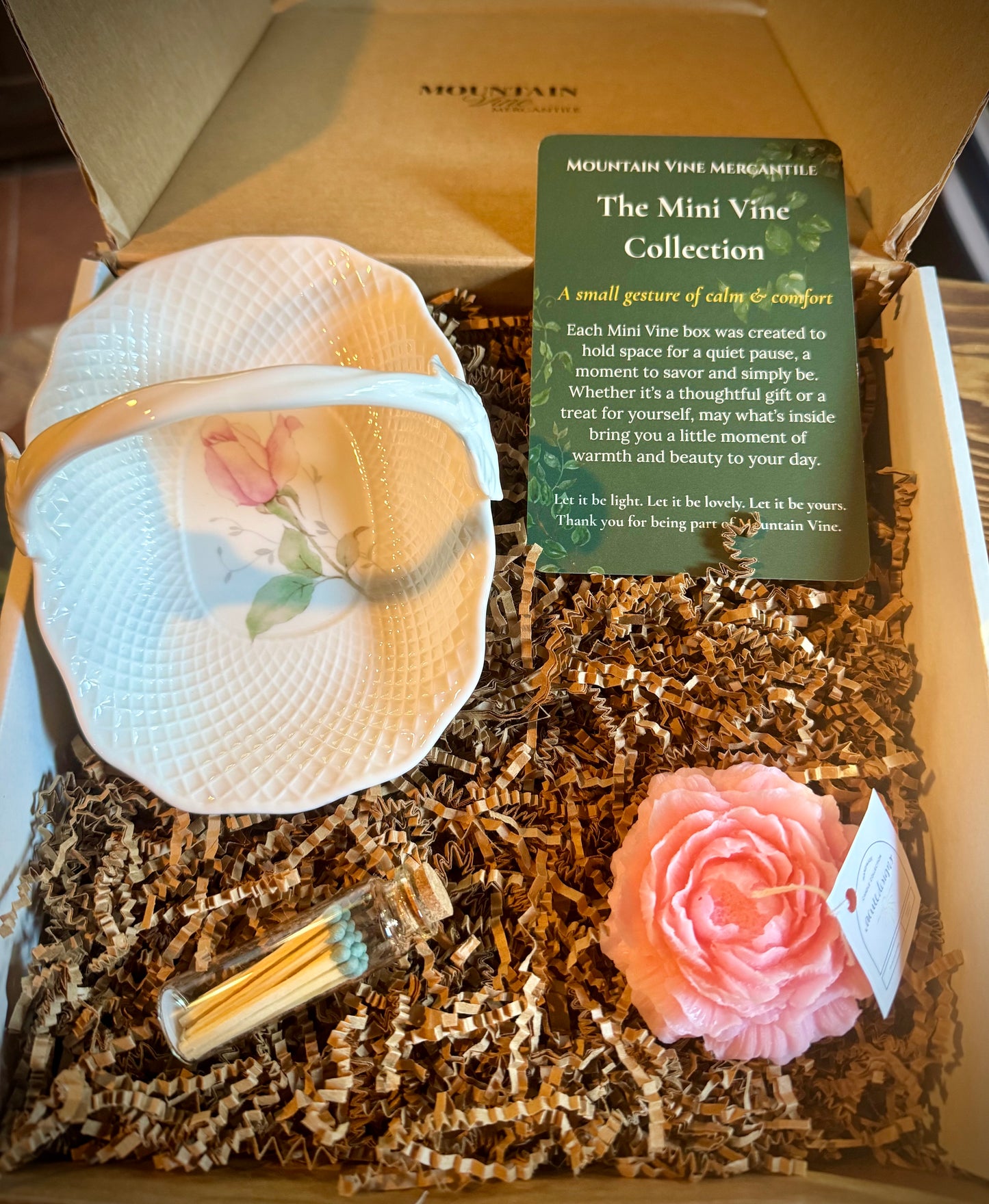 Soft Romance Mini Vine Gift Box - Vintage Mikasa Bone China Dish & Peony Candle