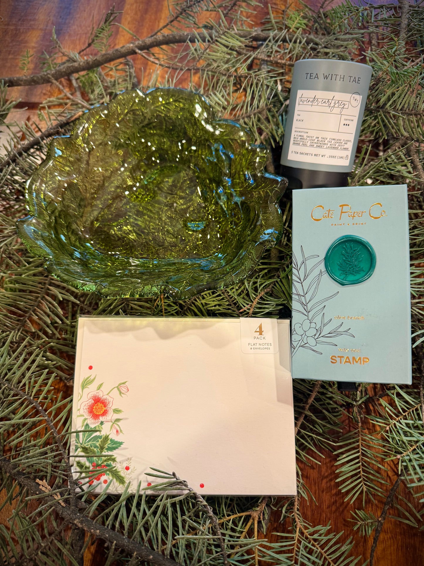 Winter Evergreen | Winter Mini Gift Box with Tea, Notecards, Wax Seal Kit & Vintage Find