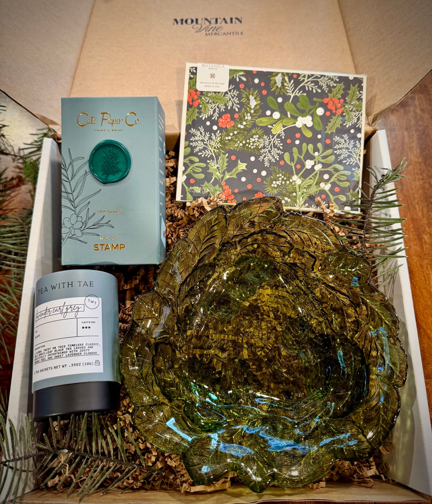 Winter Evergreen | Winter Mini Gift Box with Tea, Notecards, Wax Seal Kit & Vintage Find