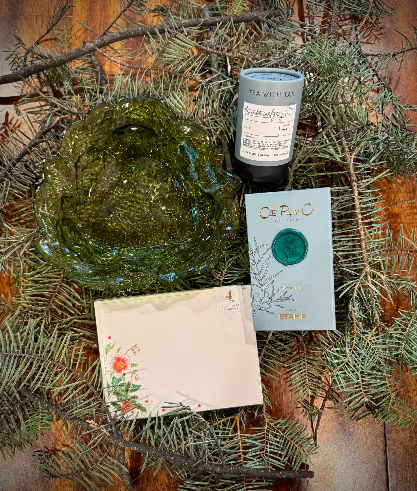 Winter Evergreen | Winter Mini Gift Box with Tea, Notecards, Wax Seal Kit & Vintage Find