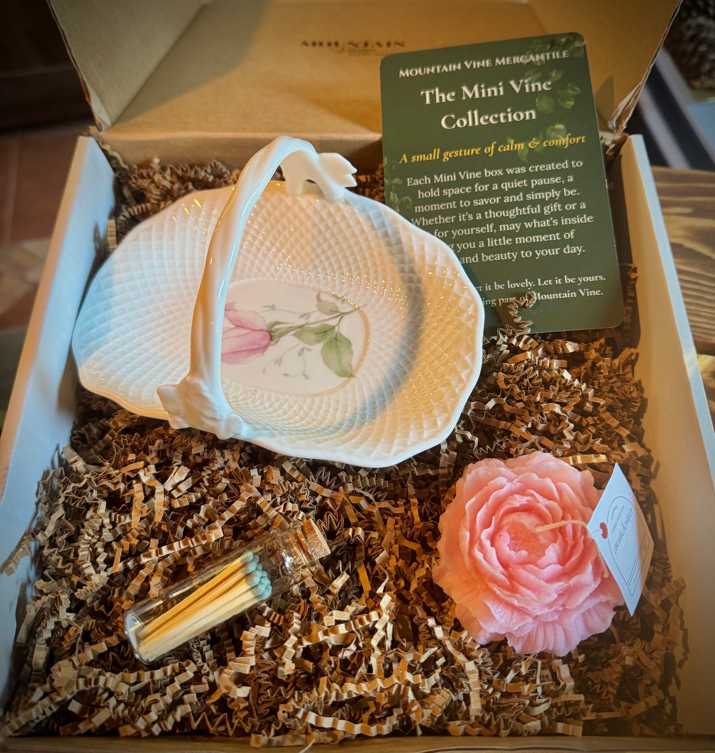 Soft Romance Mini Vine Gift Box - Vintage Mikasa Bone China Dish & Peony Candle