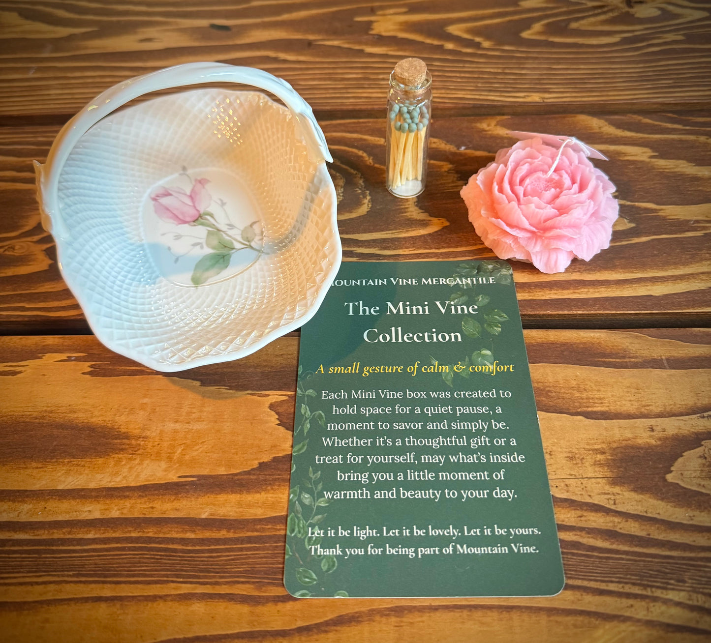 Soft Romance Mini Vine Gift Box - Vintage Mikasa Bone China Dish & Peony Candle